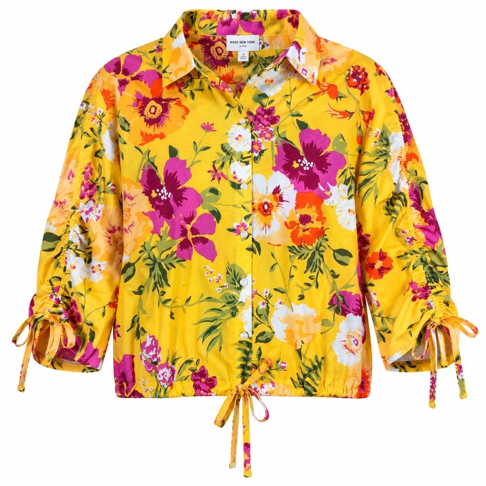 Marc New York Womens Top 1X Cotton Yellow Floral Boho Ruched 3/4 Sleeve NWT